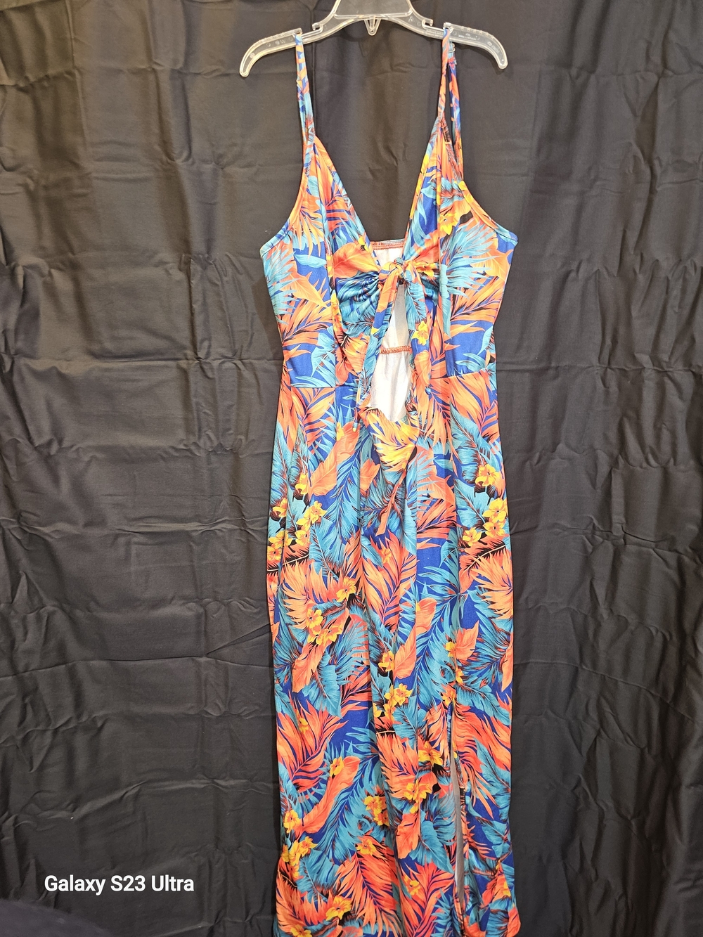 SHEIN Blue & Orange Tropical Tie-Front Midi Dress